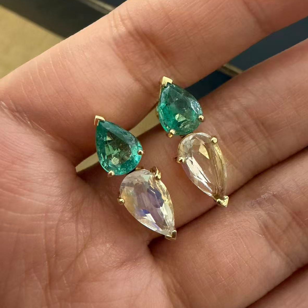Emerald & Rainbow Moonstone Dewdrop Earrings