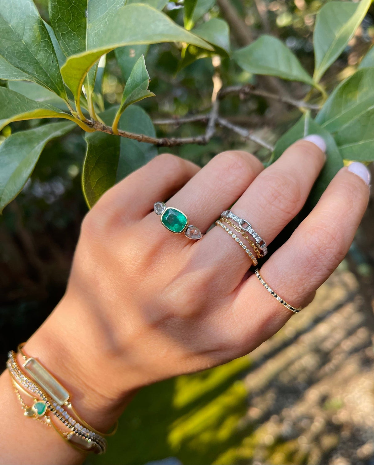 Emerald & Rose Cut Diamond Ring