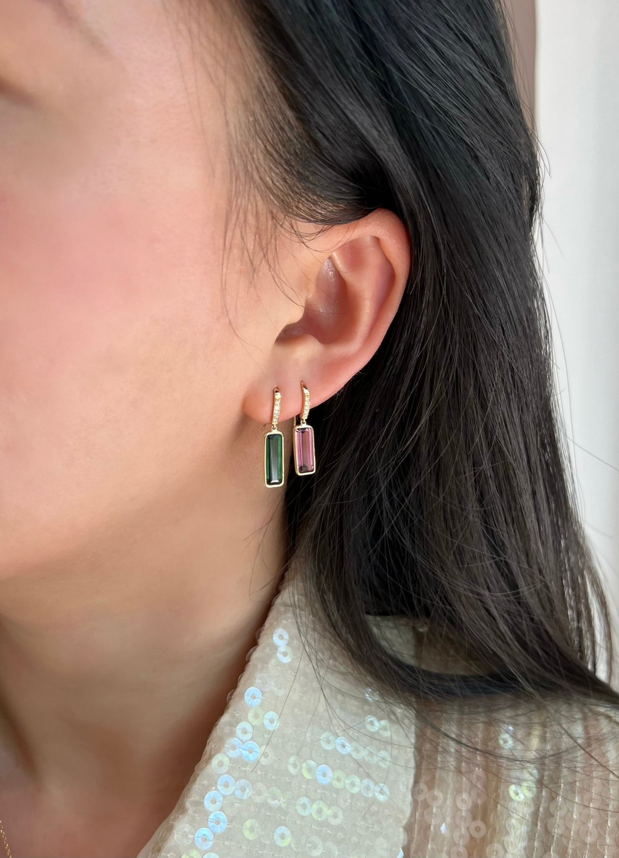 Green & Pink Tourmaline Bar Earrings