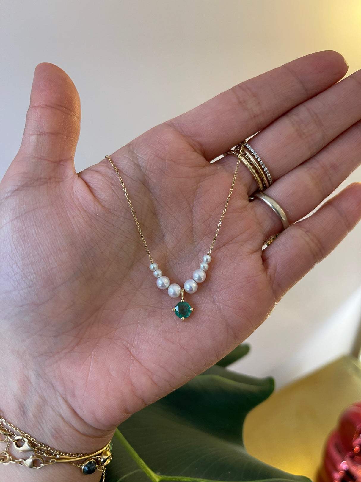 Akoya Pearl & Emerald Gaia Necklace 18k handmade fine jewelry 2