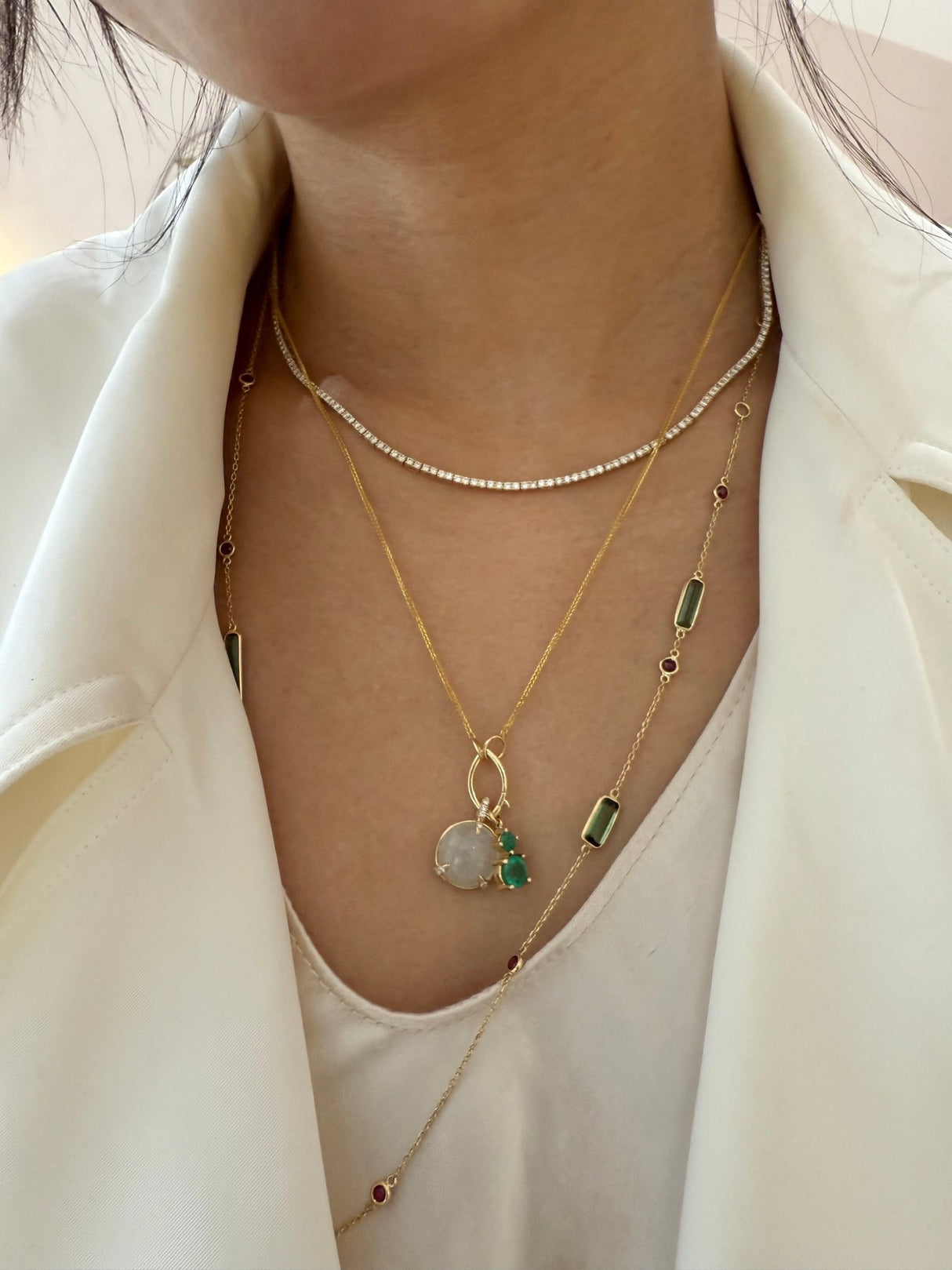 Akoya Pearl & Emerald Gaia handmade Necklace in 18k on model 2