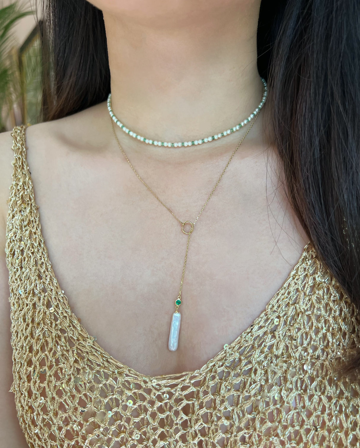 Akoya Pearl & Emerald Lariat Bar handmade Necklace in 14k gold on model