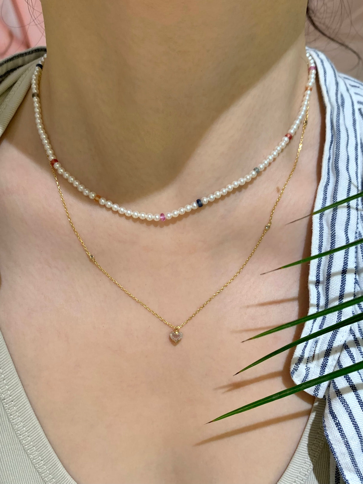 Akoya Pearl & Rainbow Sapphires fine jewelry Necklace in 18k gold on model 2