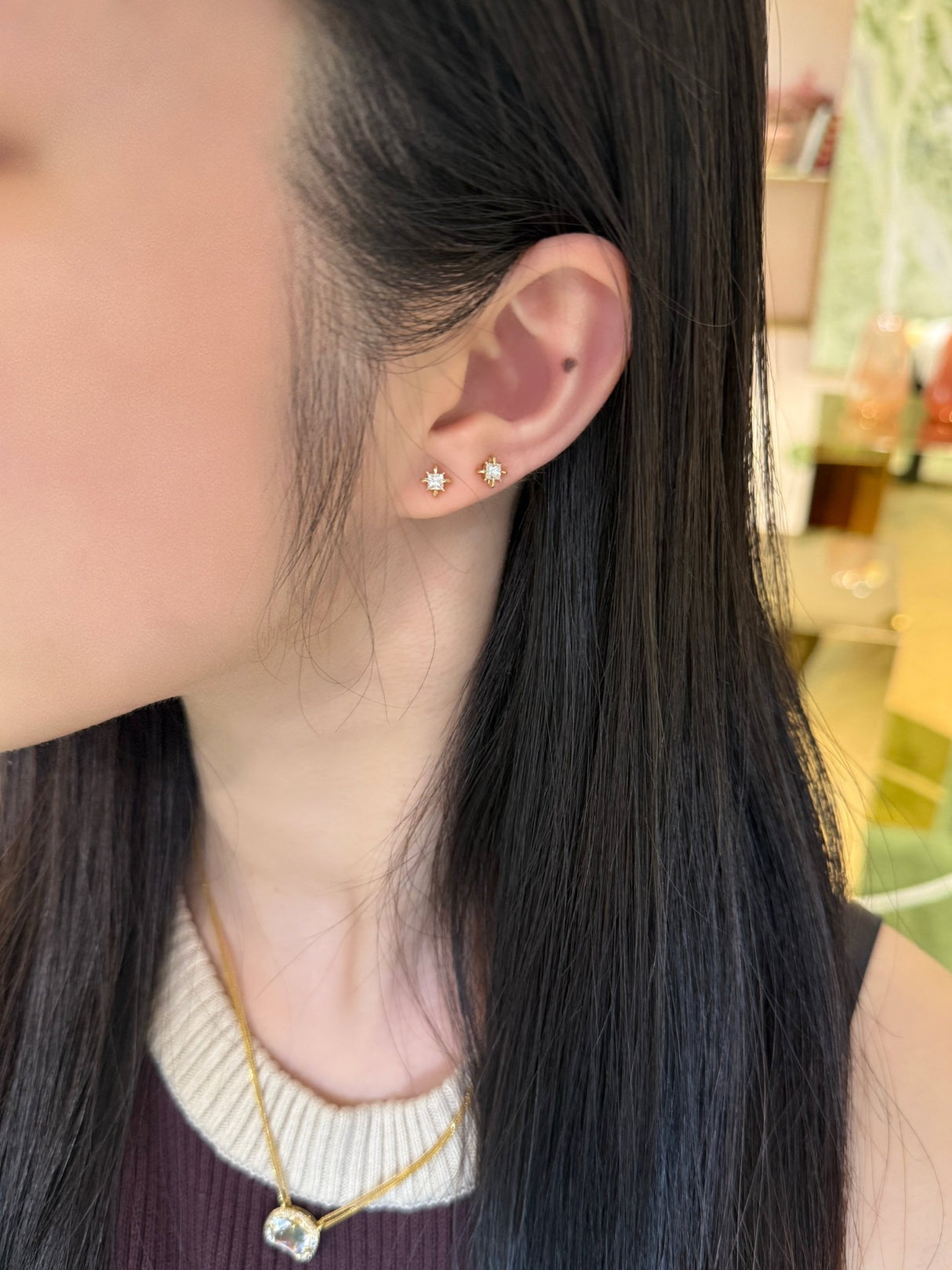 April Birthstone Diamond Studs 14k gold Stackable design on model