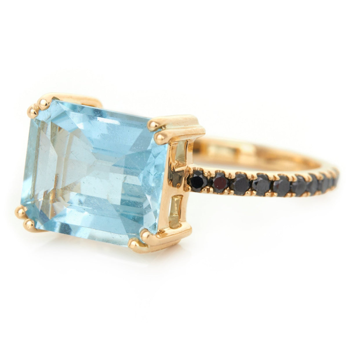 Aquamarine & Black Diamond Bar Ring 18k gold engagement ring side view