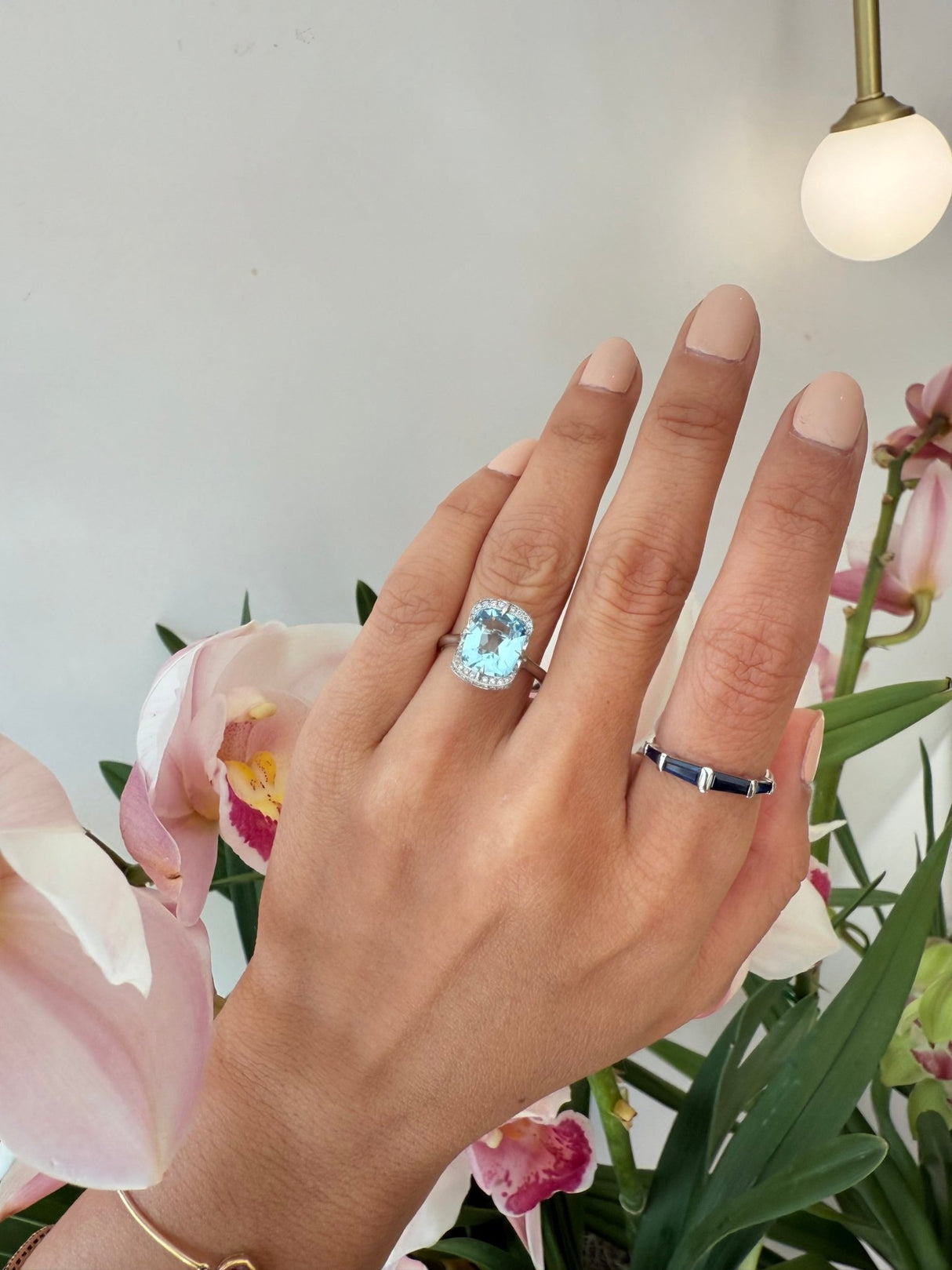 Aquamarine & Diamond Aurora Ring PT900 engagement ring on model