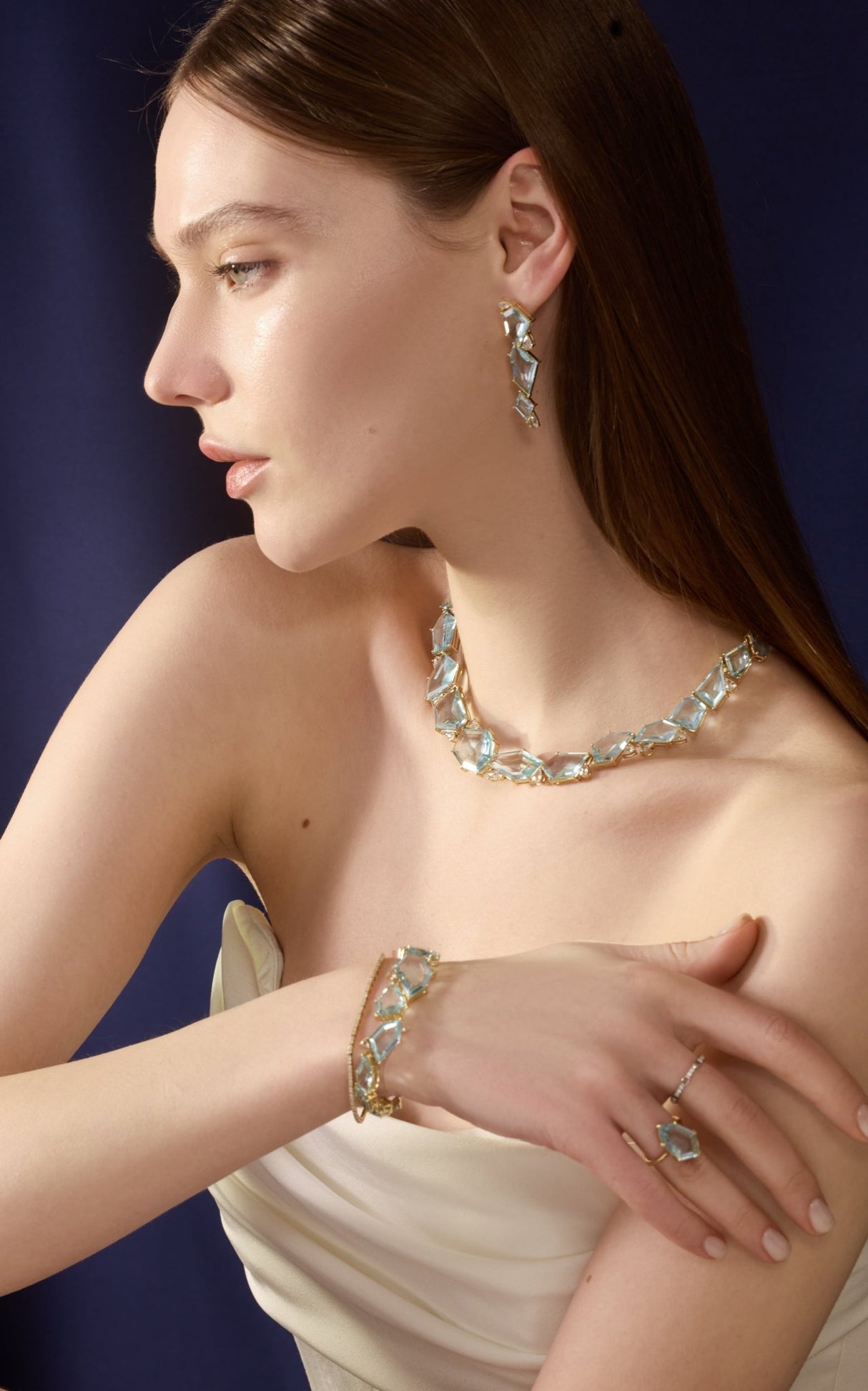 Aquamarine & Diamond Contour Bracelet 18k gold stackable design on model 3