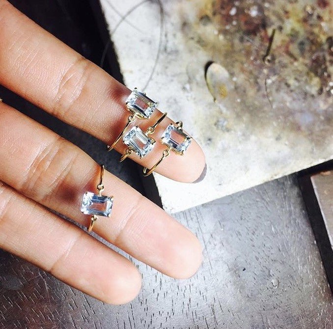 Aquamarine Ice Ring 18k gold stackable ring on model 2
