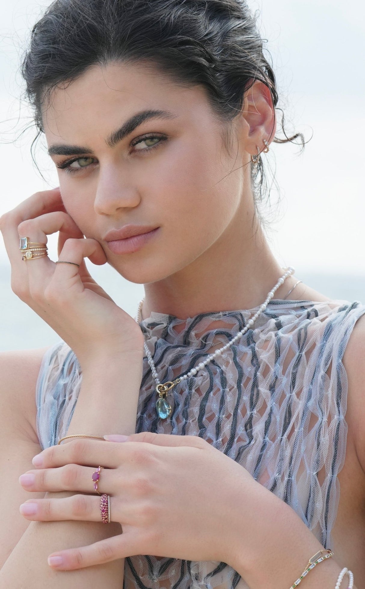 Aquamarine Neptune Pendant 18k handmade fine jewelry on model