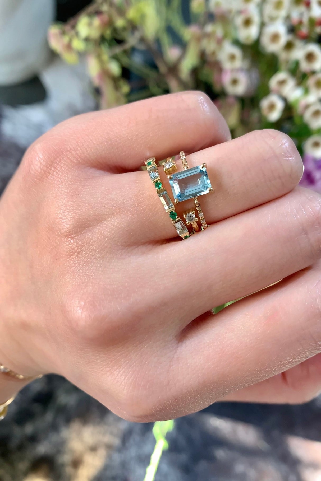 Aquamarine Petite Diamond Circle Ring 18k gold stackable ring on model 2