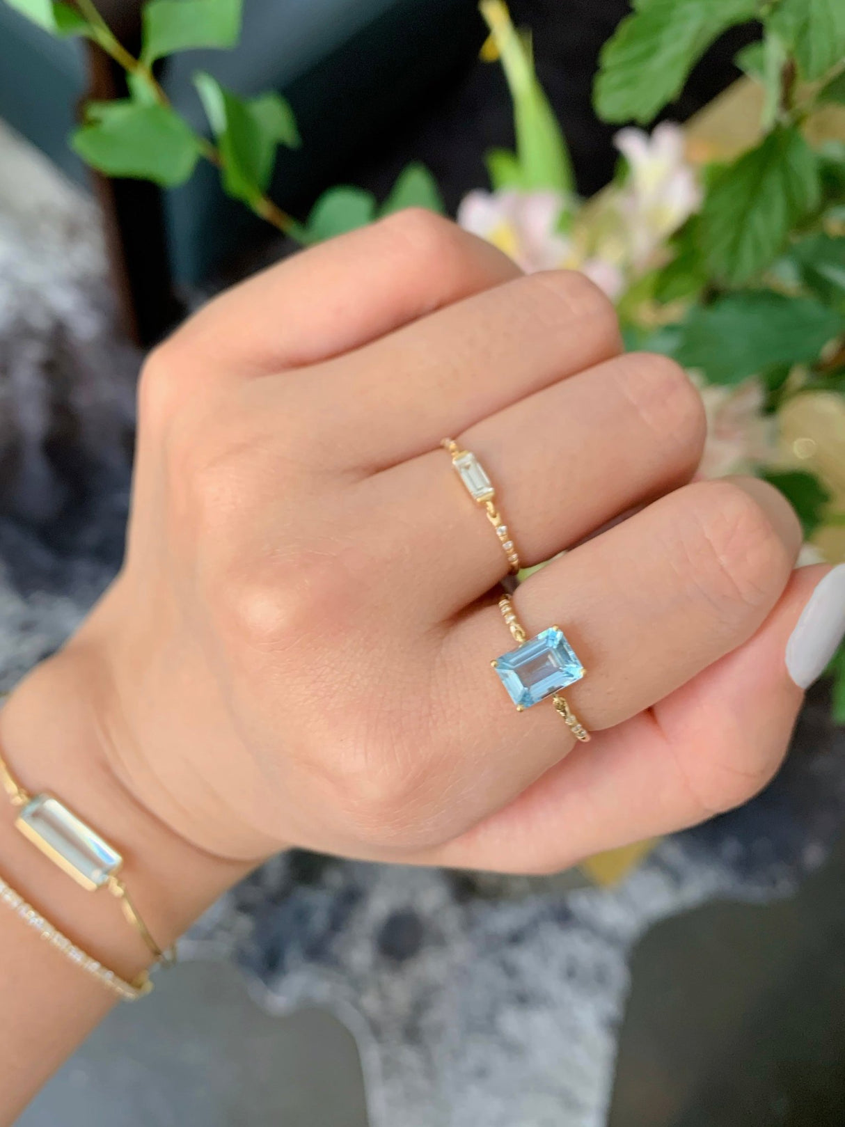 Aquamarine Petite Diamond Circle Ring 18k gold stackable ring on model 4