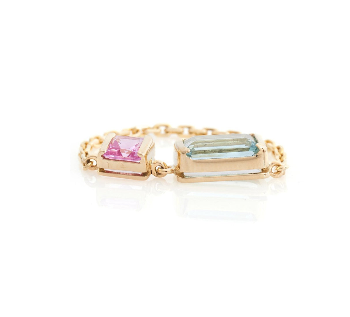 Aquamarine & Pink Sapphire Chain Ring 18k gold Stackable ring side view