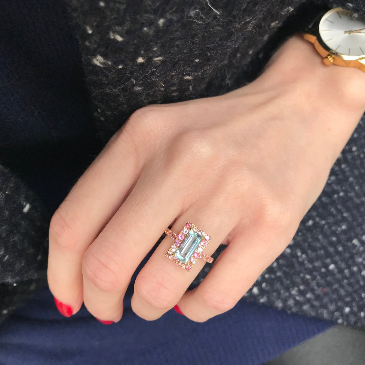 Aquamarine & Pink Tourmaline Candy Ring 18k gold stackable ring on model