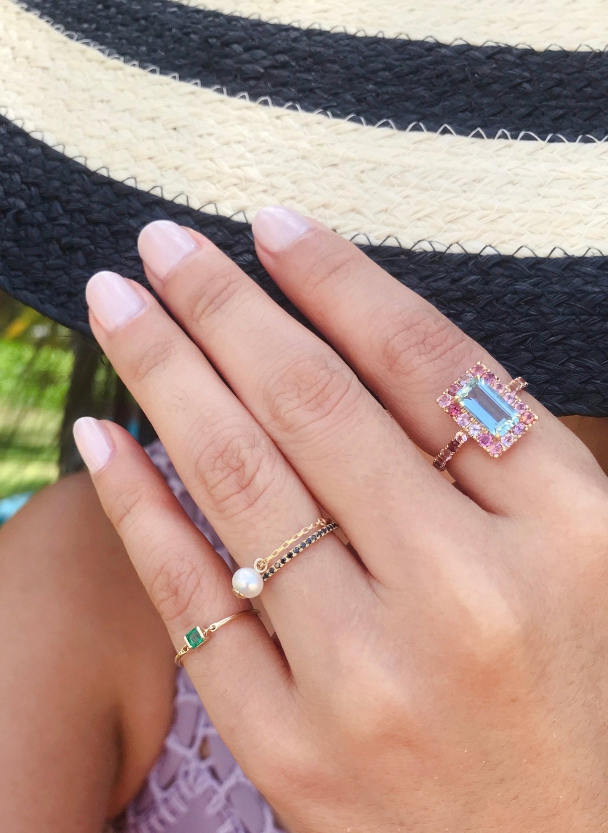 Aquamarine & Pink Tourmaline Candy Ring 18k gold stackable ring on model 3