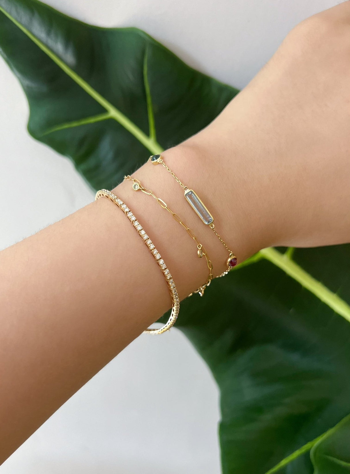 Aquamarine & Pink and Green Tourmaline Candy Bracelet 18k gold Stackable design on model