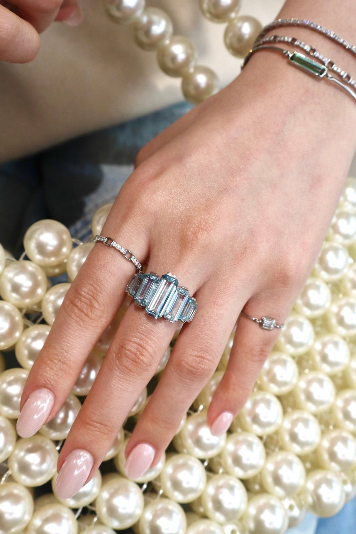 Aquamarine Rhythm Ring PT900 stackable ring on model 2