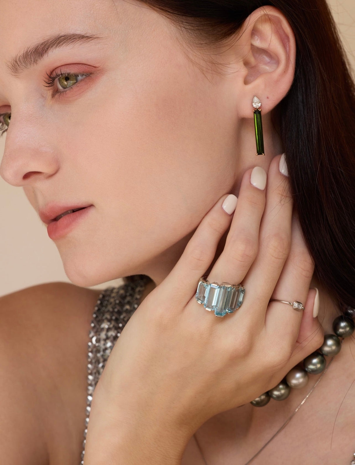 Aquamarine Rhythm Supreme Ring PT900 Engagement Ring on model