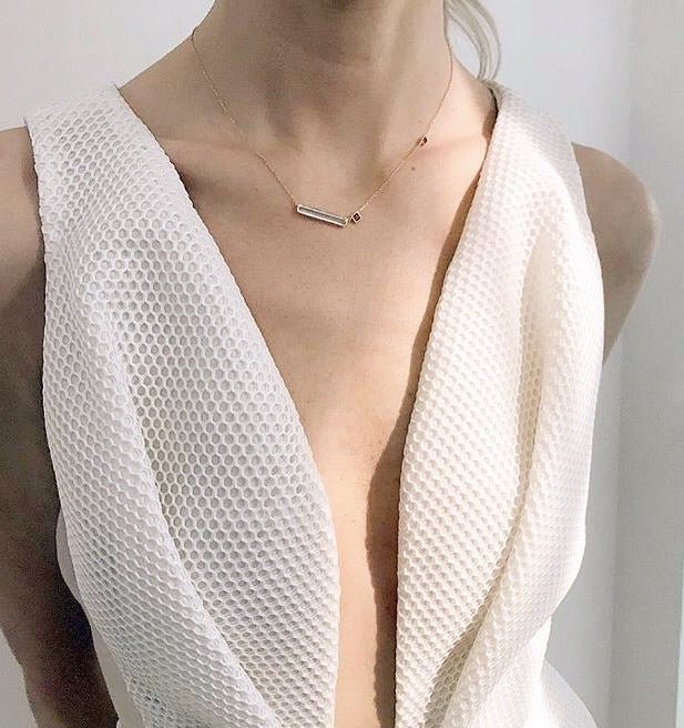 Aquamarine & Ruby Bar Necklace 18k handmade fine jewelry on model 3