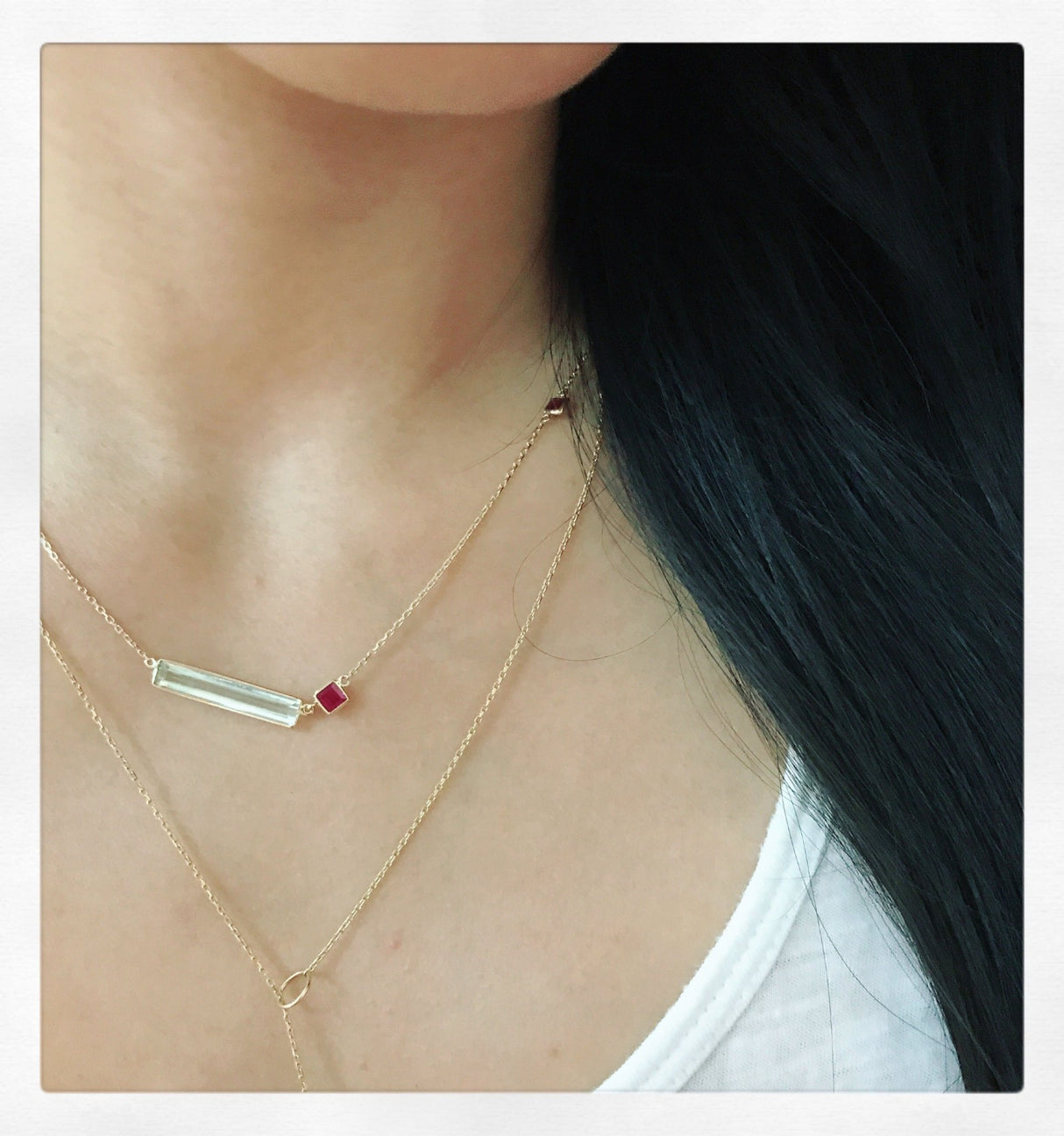 Aquamarine & Ruby Bar Necklace 18k handmade fine jewelry on model 4