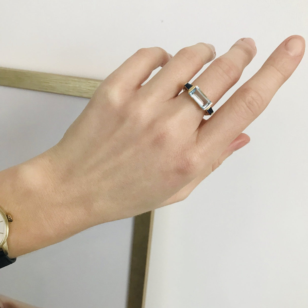 Aquamarine & Sapphire East West Bar Ring