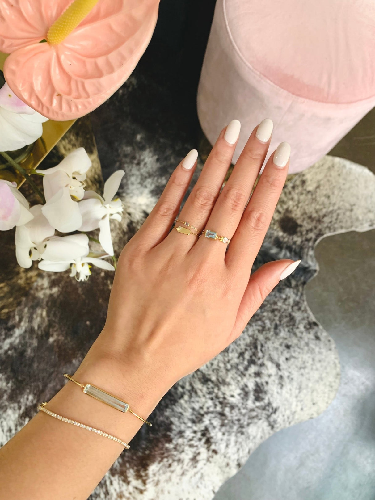 Aquamarine & Topaz Double Chain Ring 18k gold Stackable ring on model