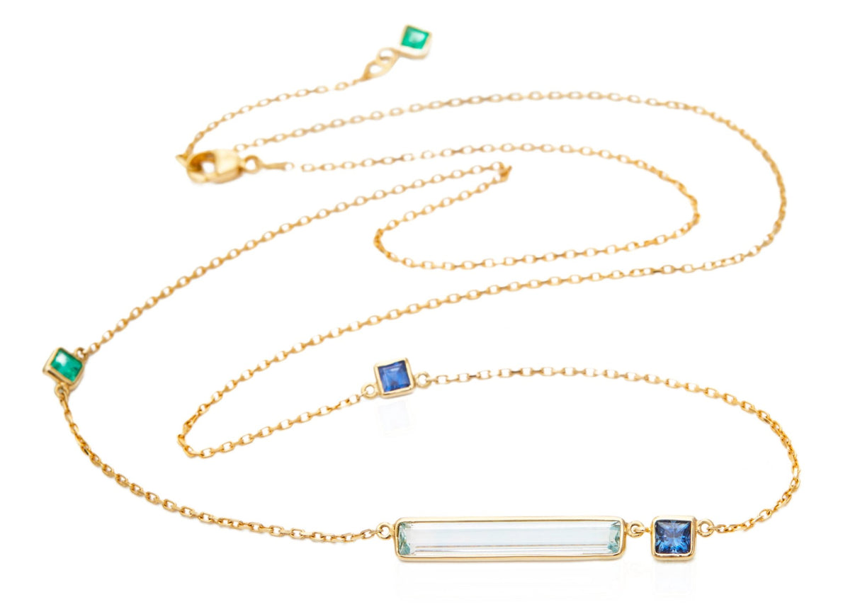 Aquamarine With Emerald & Sapphire Bar Necklace 18k handmade fine jewelry 2