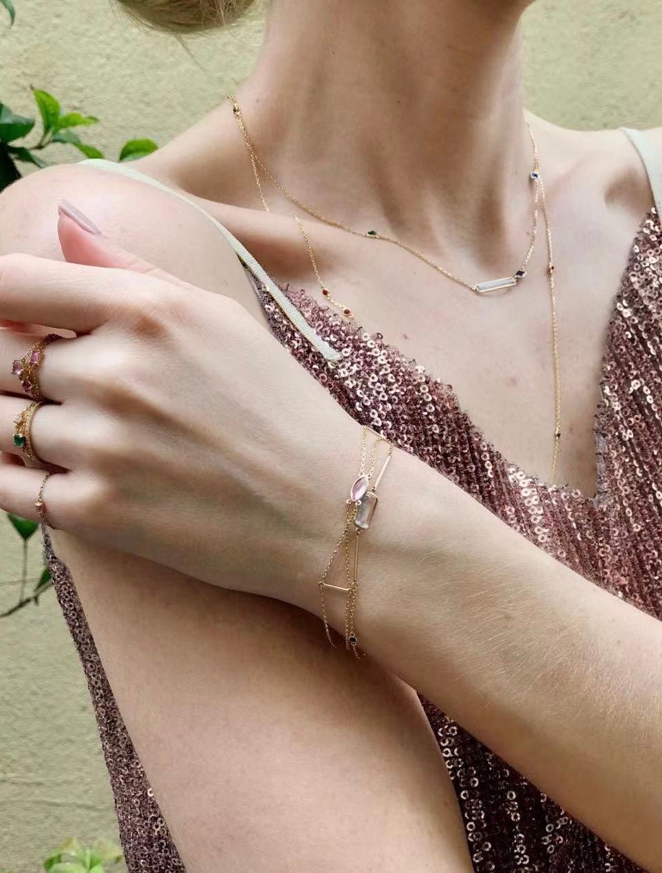 Aquamarine With Emerald & Sapphire Bar fine jewelry Necklace in 18k gold on model