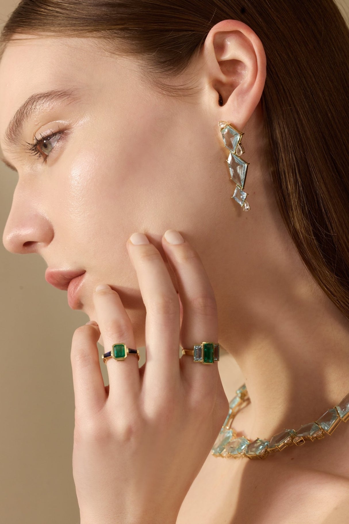 Aquamarine and Diamond Contour Earrings on model