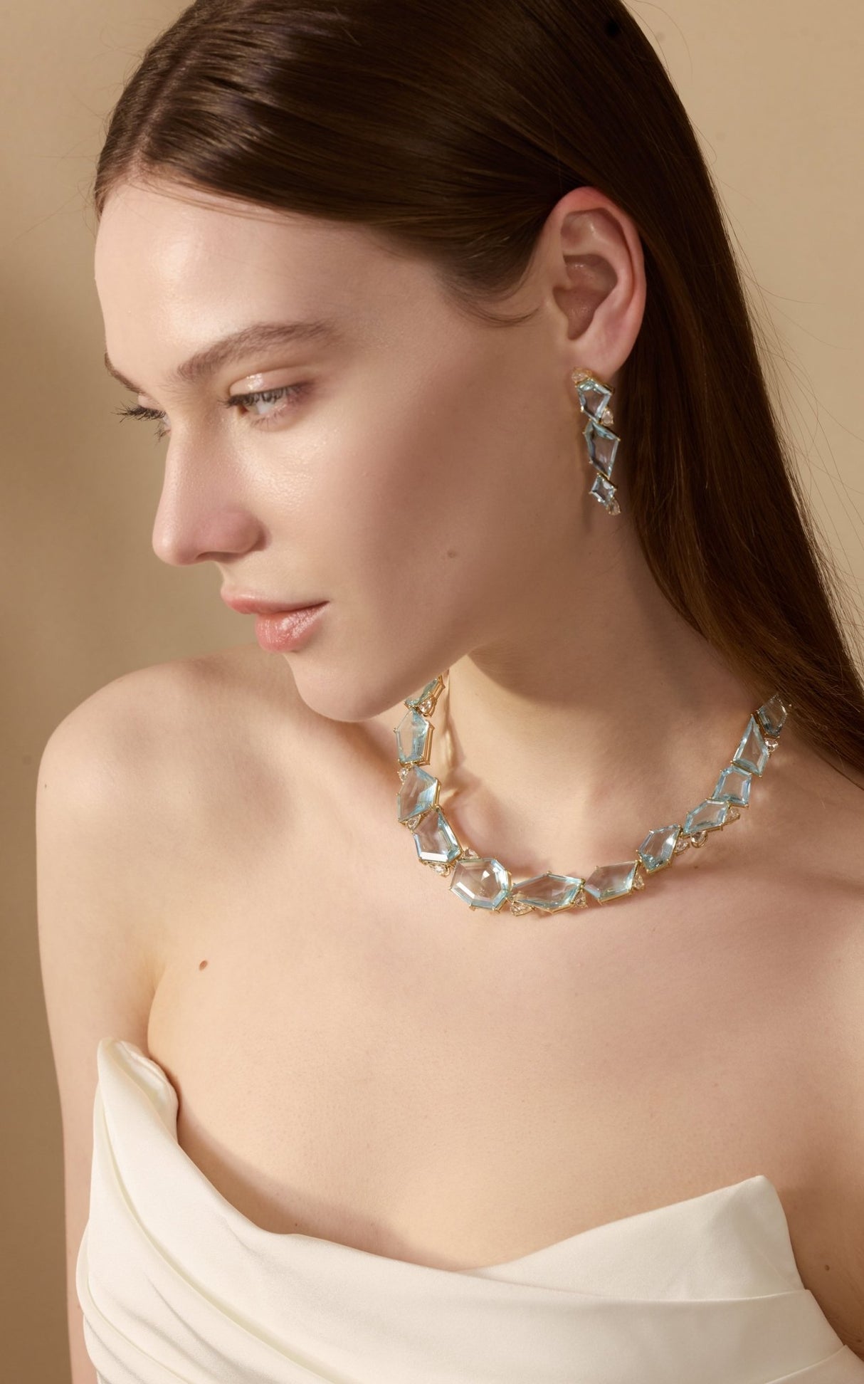 Aquamarine and Diamond Contour Earrings on model