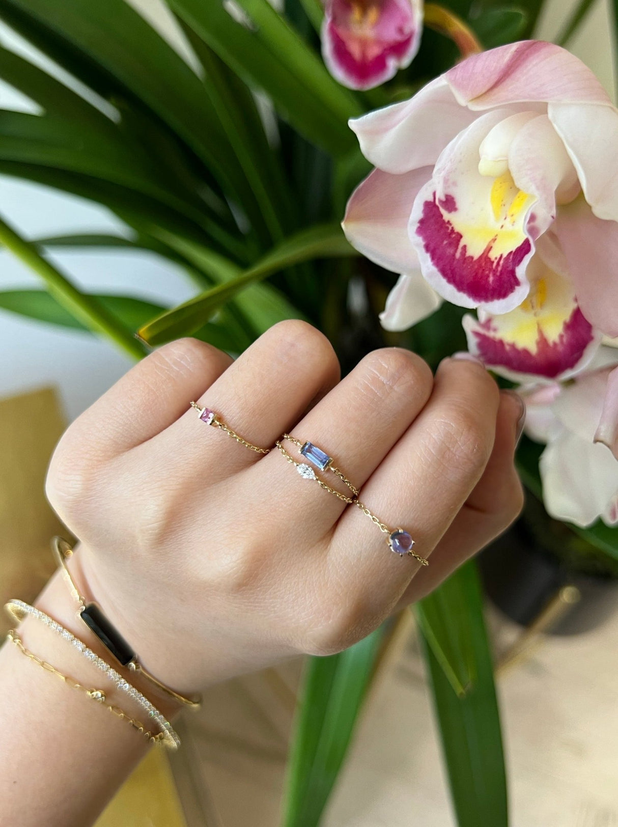 Baby Blue Sapphire Baguette Chain Ring 14k gold Stackable ring on model