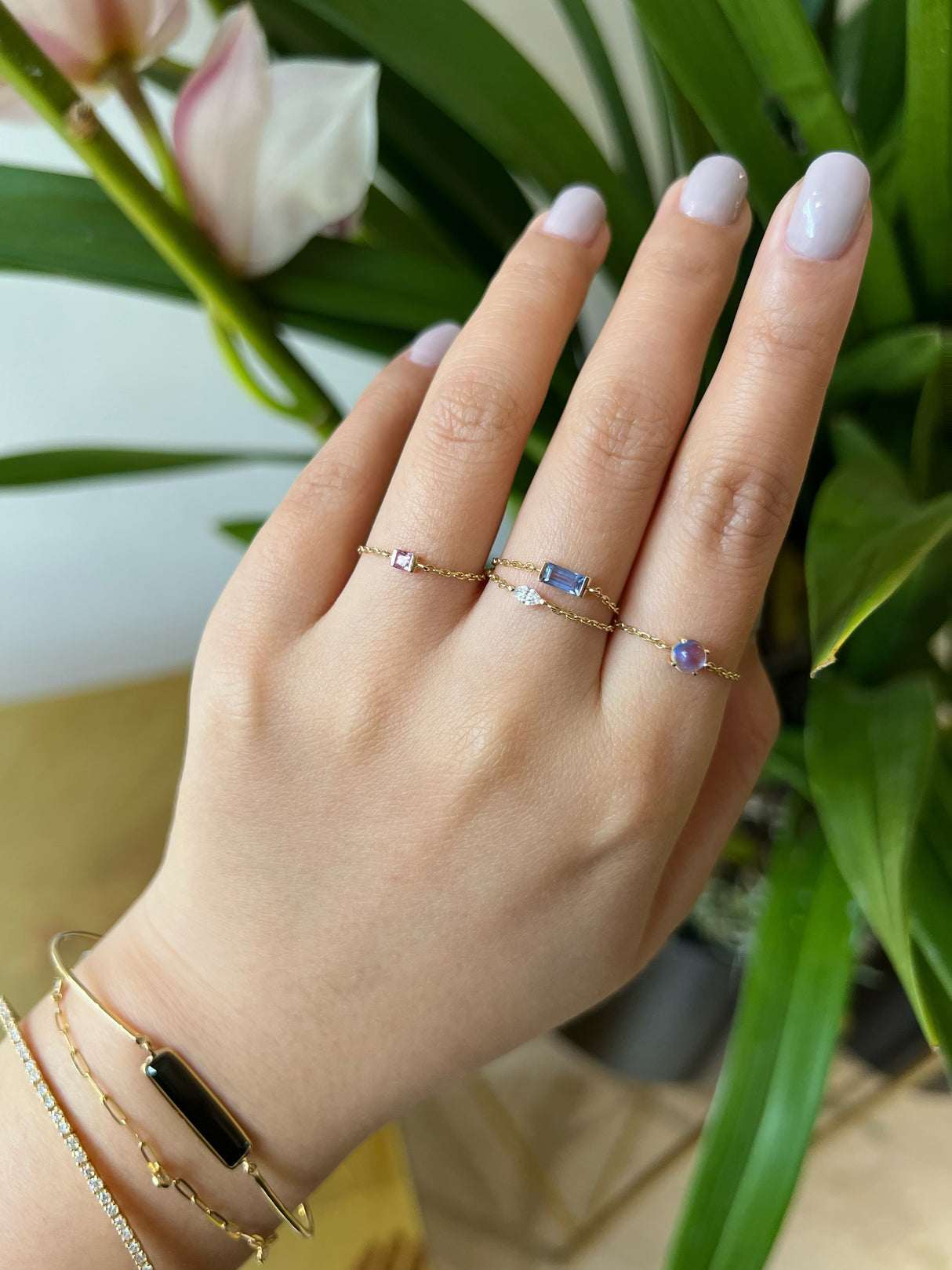 Baby Blue Sapphire Baguette Chain Ring 14k gold Stackable ring on model