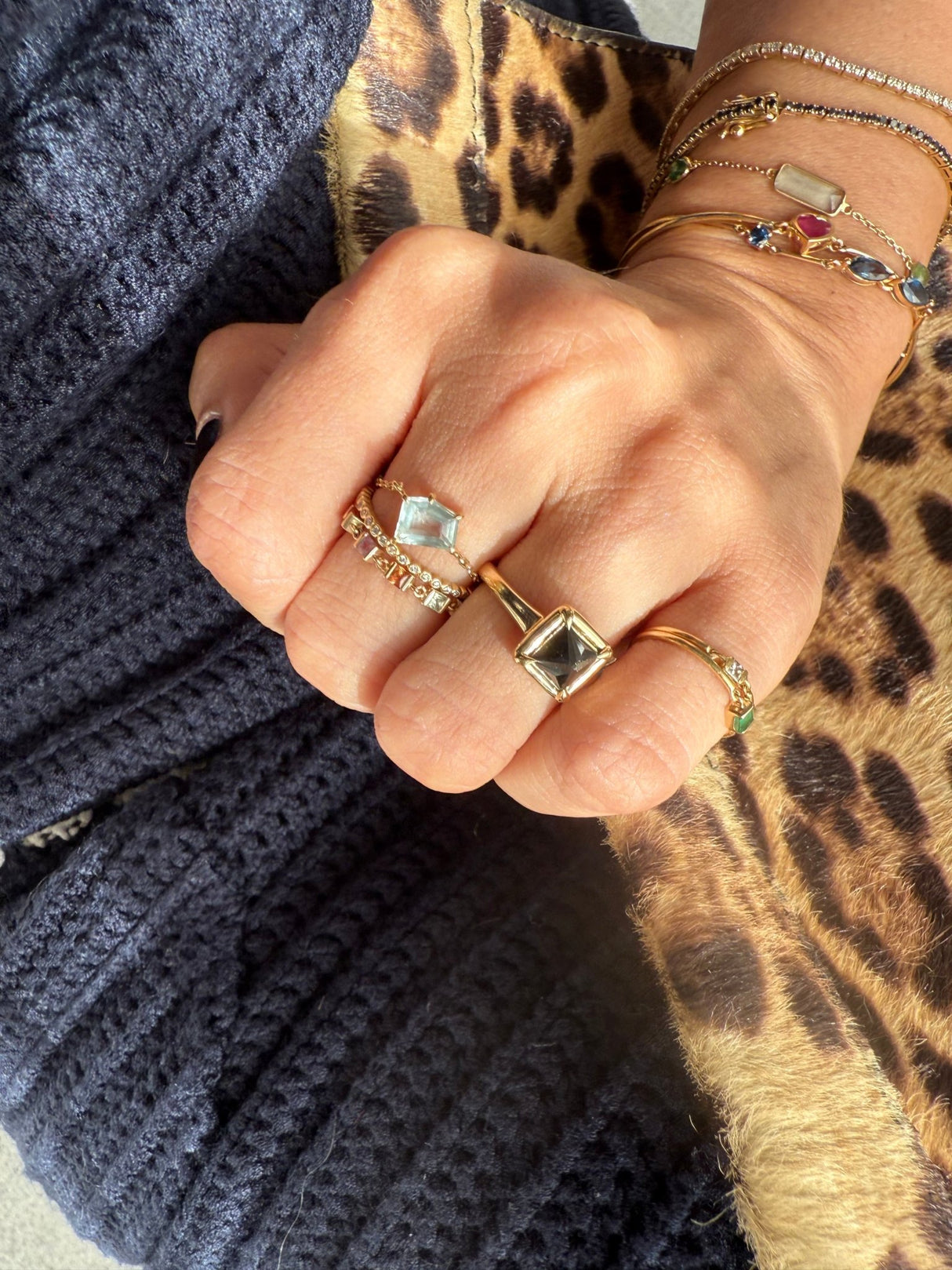 Black Diamond Pyramid Ring 18k gold engagement ring on model