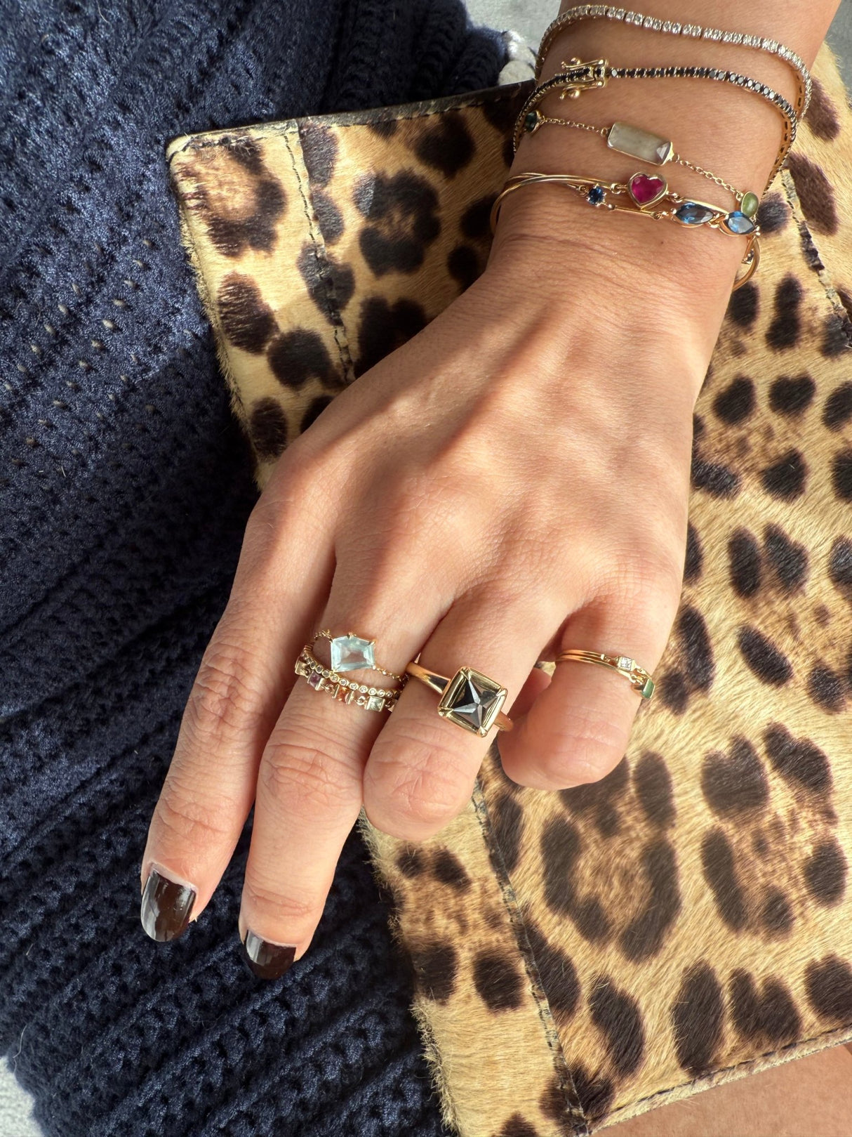 Black Diamond Pyramid Ring 18k gold engagement ring on model