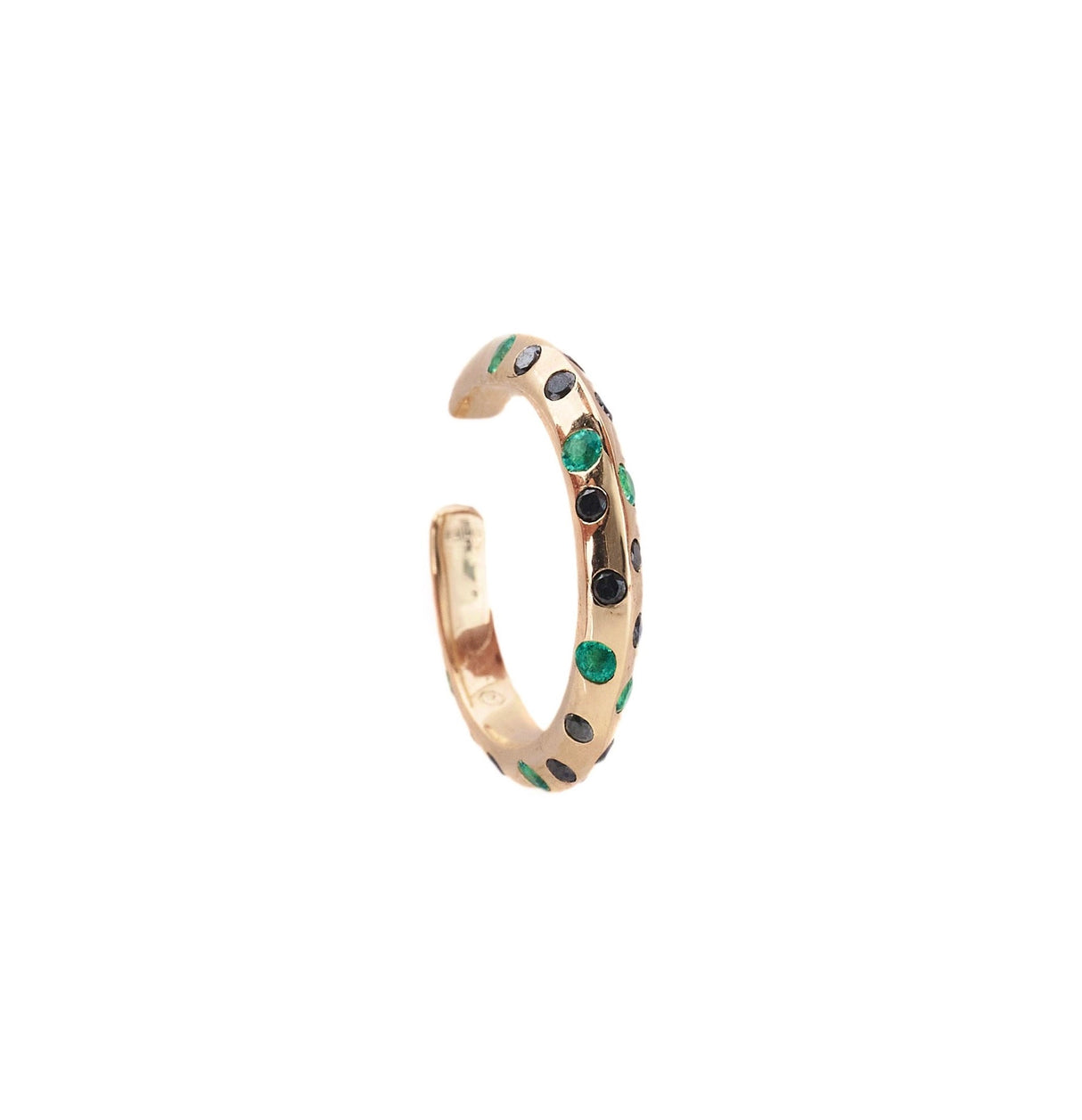 Gold hoop earring with embedded green and black stones on a white background
