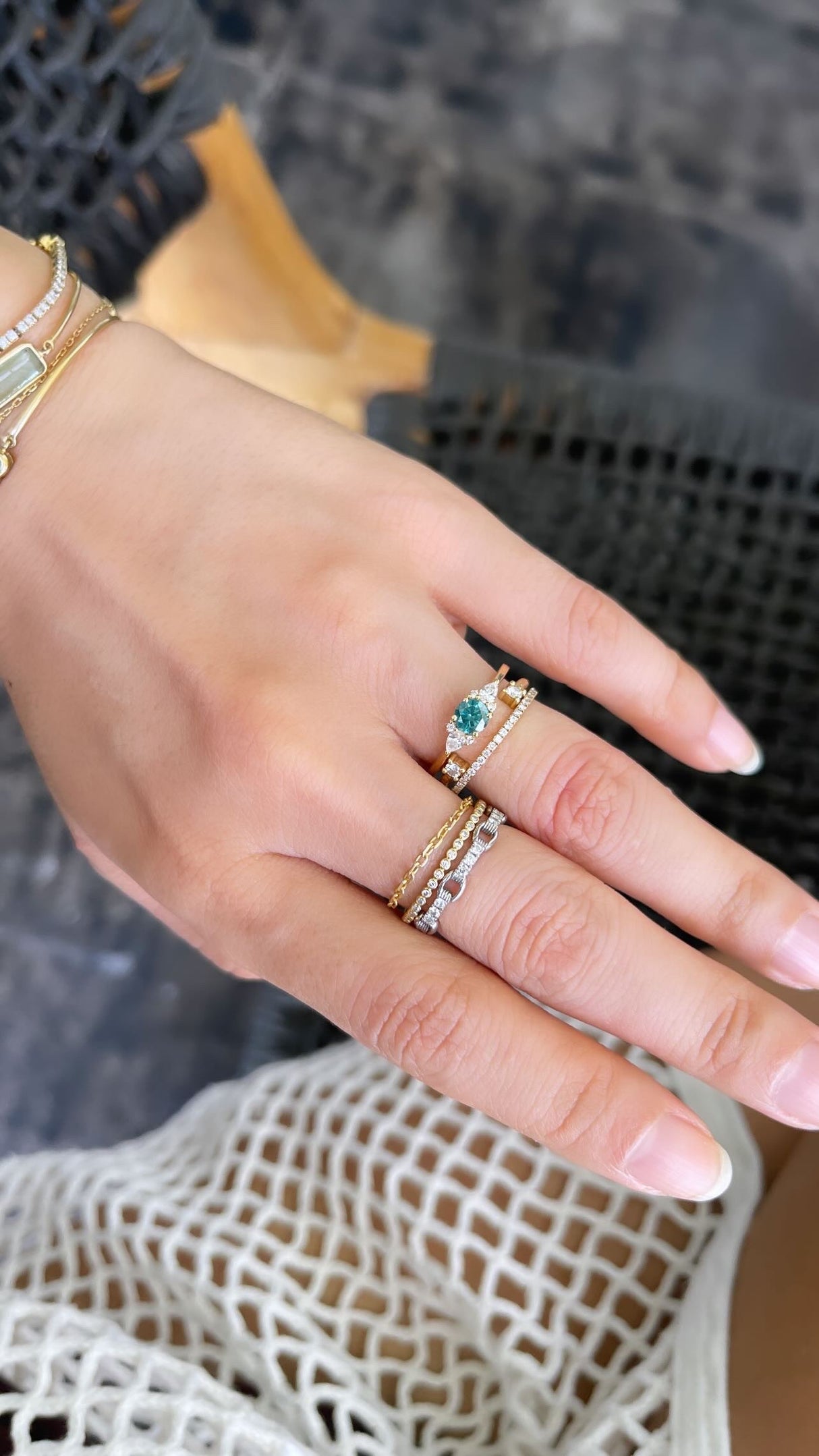 Blue Diamond Ever Lasting Ring 18k gold Stackable ring on model