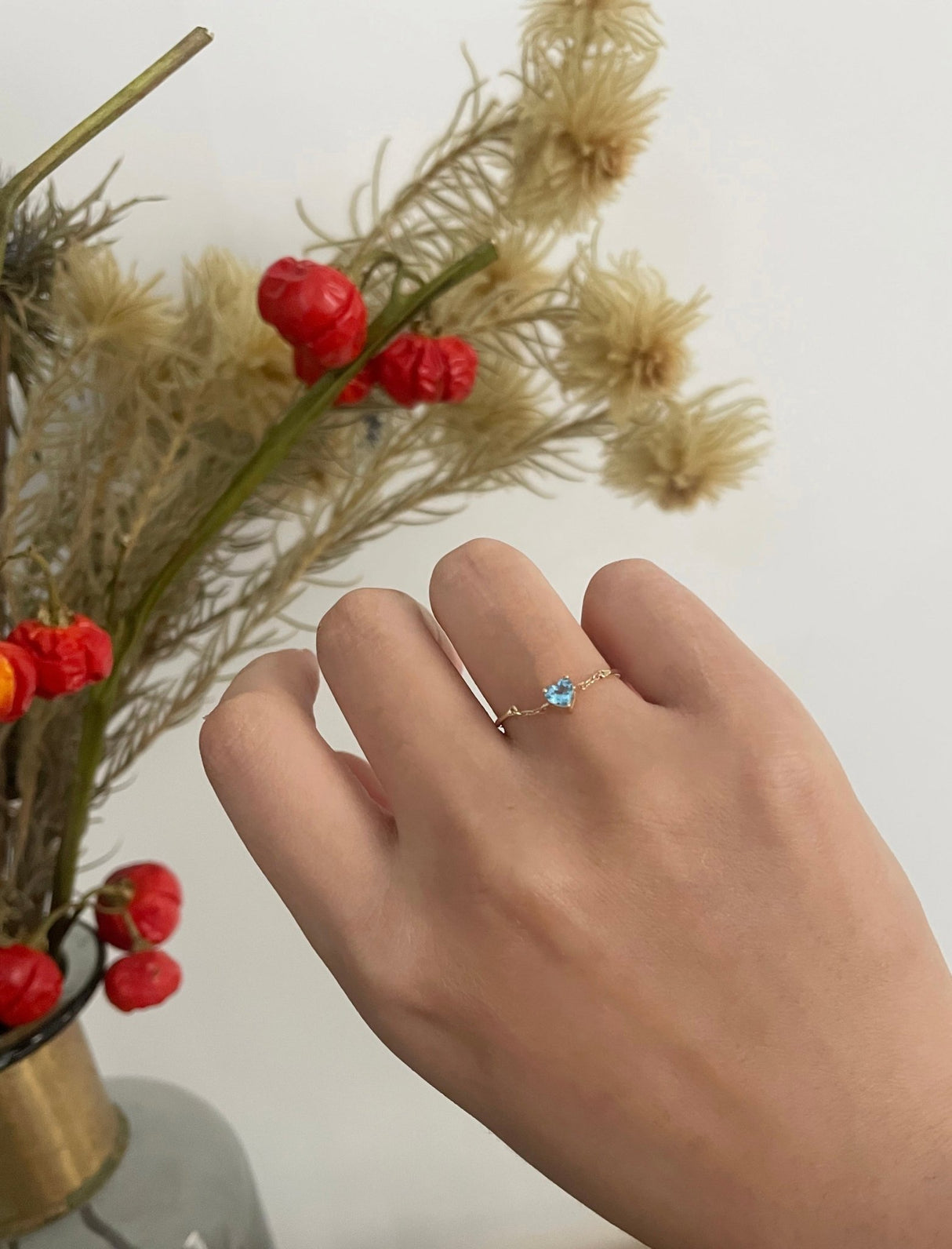 Blue Topaz Heart Chain Ring 14k gold Stackable ring on model