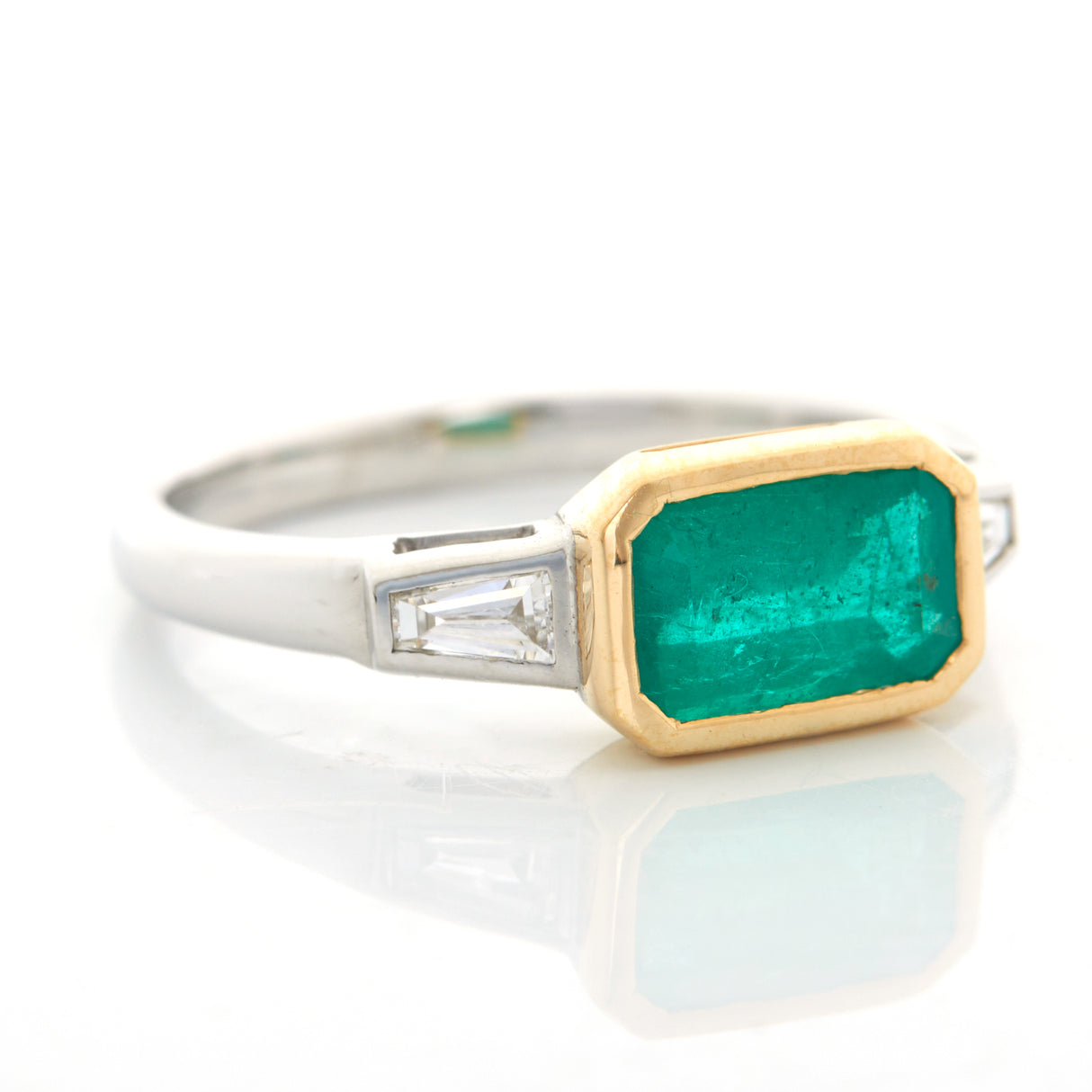 Brazilian_Emerald_Diamond_East_West_Ring_18k_gold_engagement_ring_side view