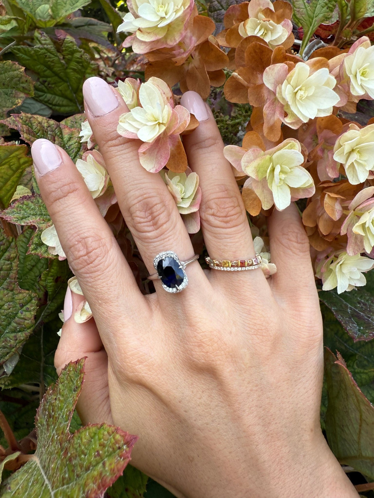 Ceylon Color Change Sapphire Aurora Ring platinum engagement ring on model