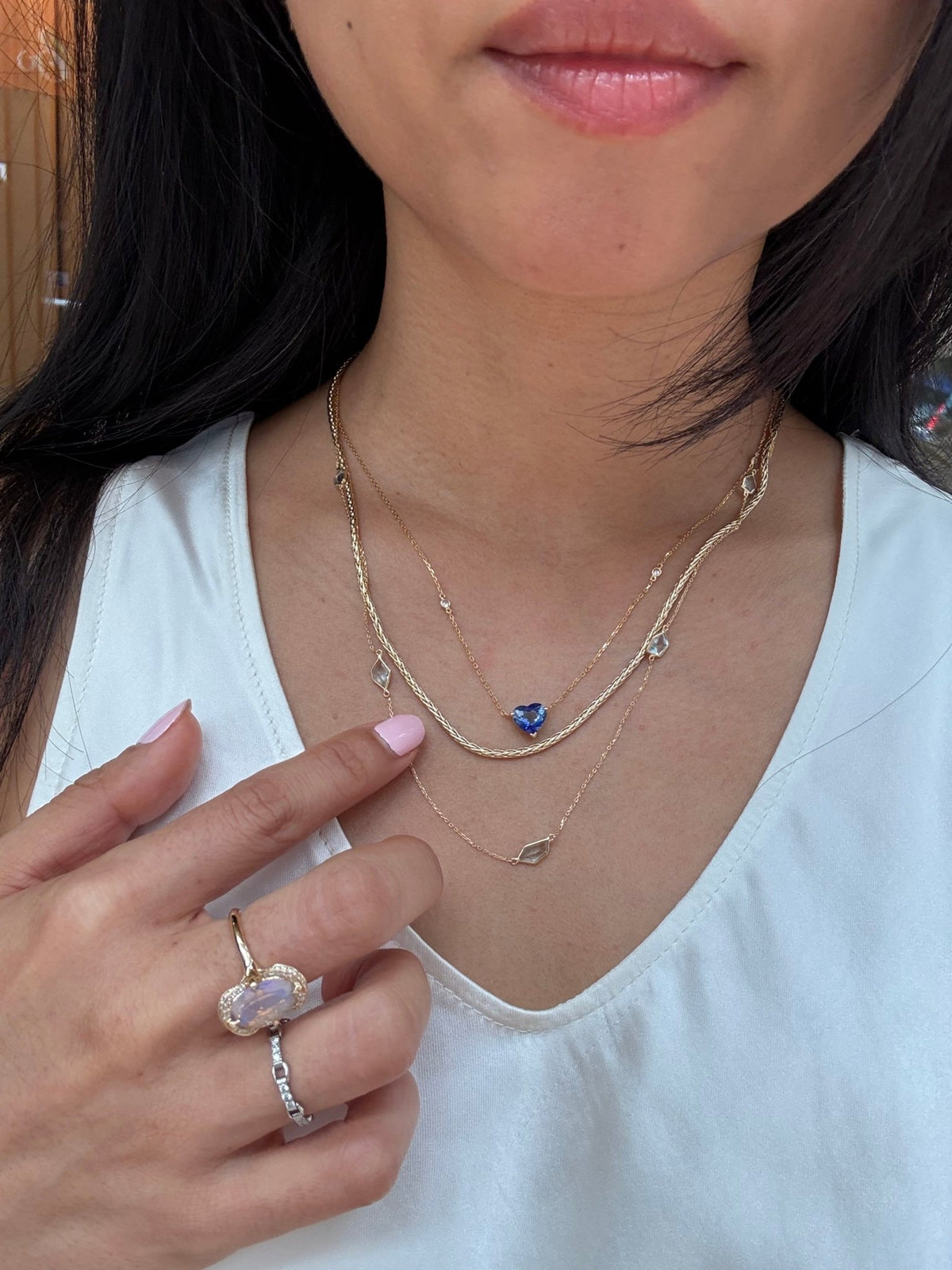 Ceylon Sapphire Coeur Necklace 18K gold handmade fine jewelry on model 1