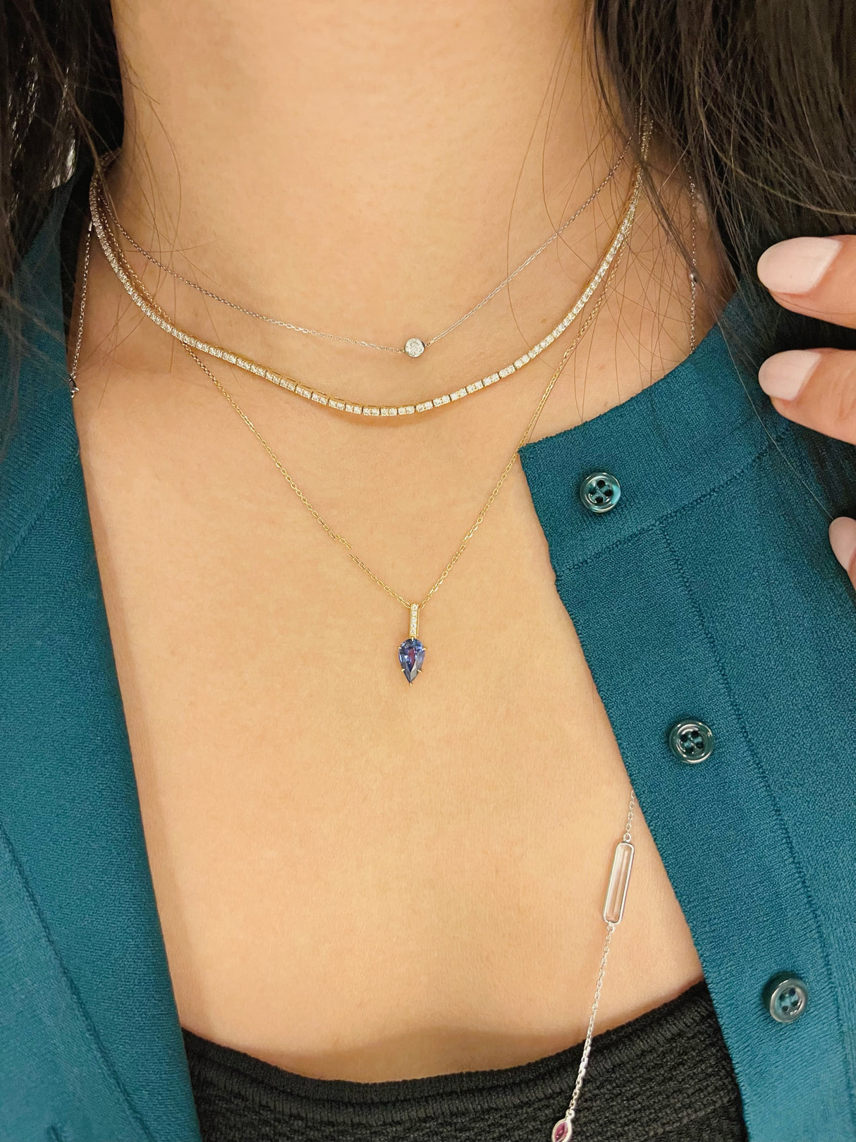 Ceylon Sapphire & Diamond Arrow handmade Necklace in 18k gold on model
