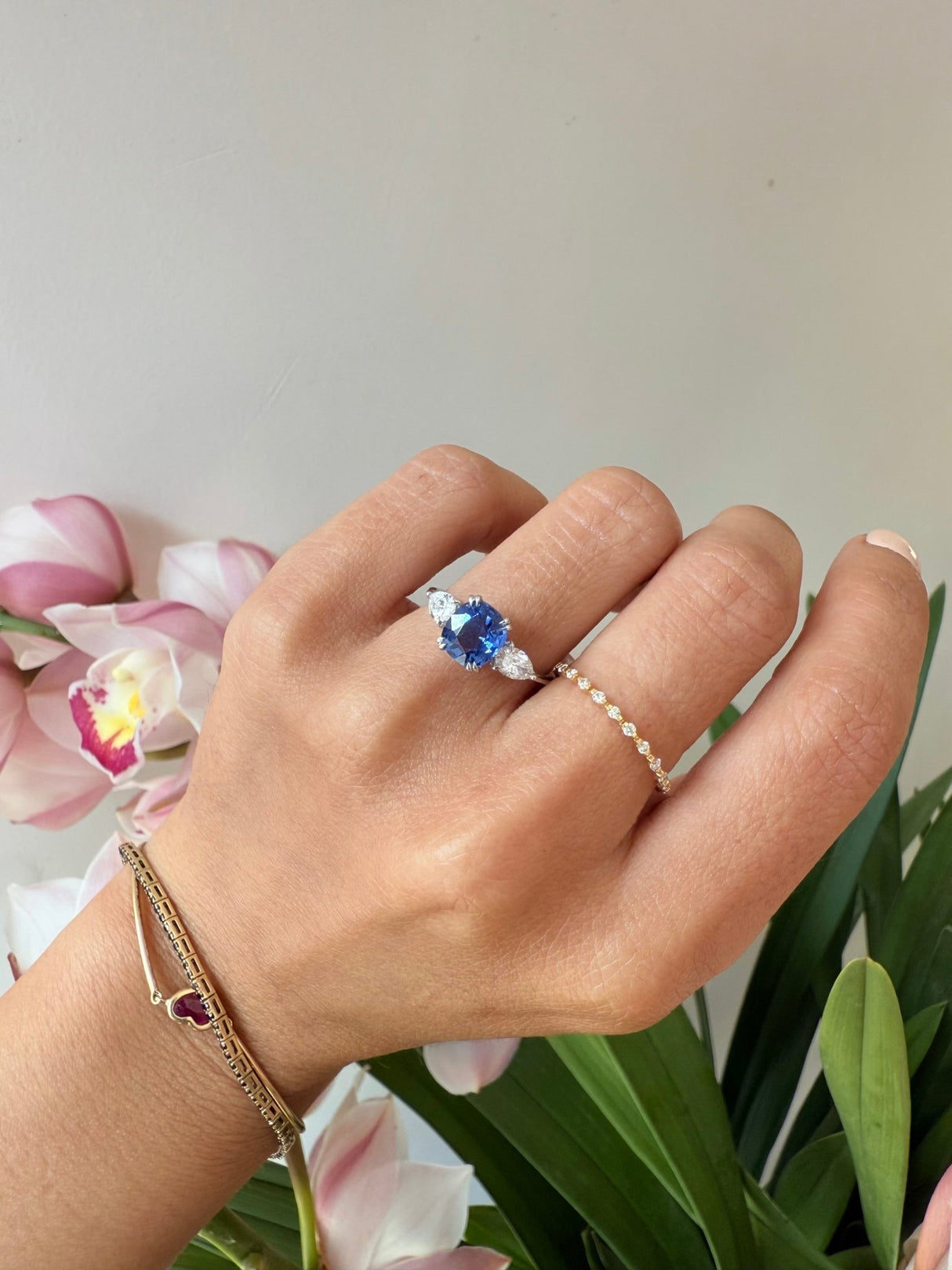 Ceylon Sapphire & Diamond Eternal Ring 18k gold engagement ring on model