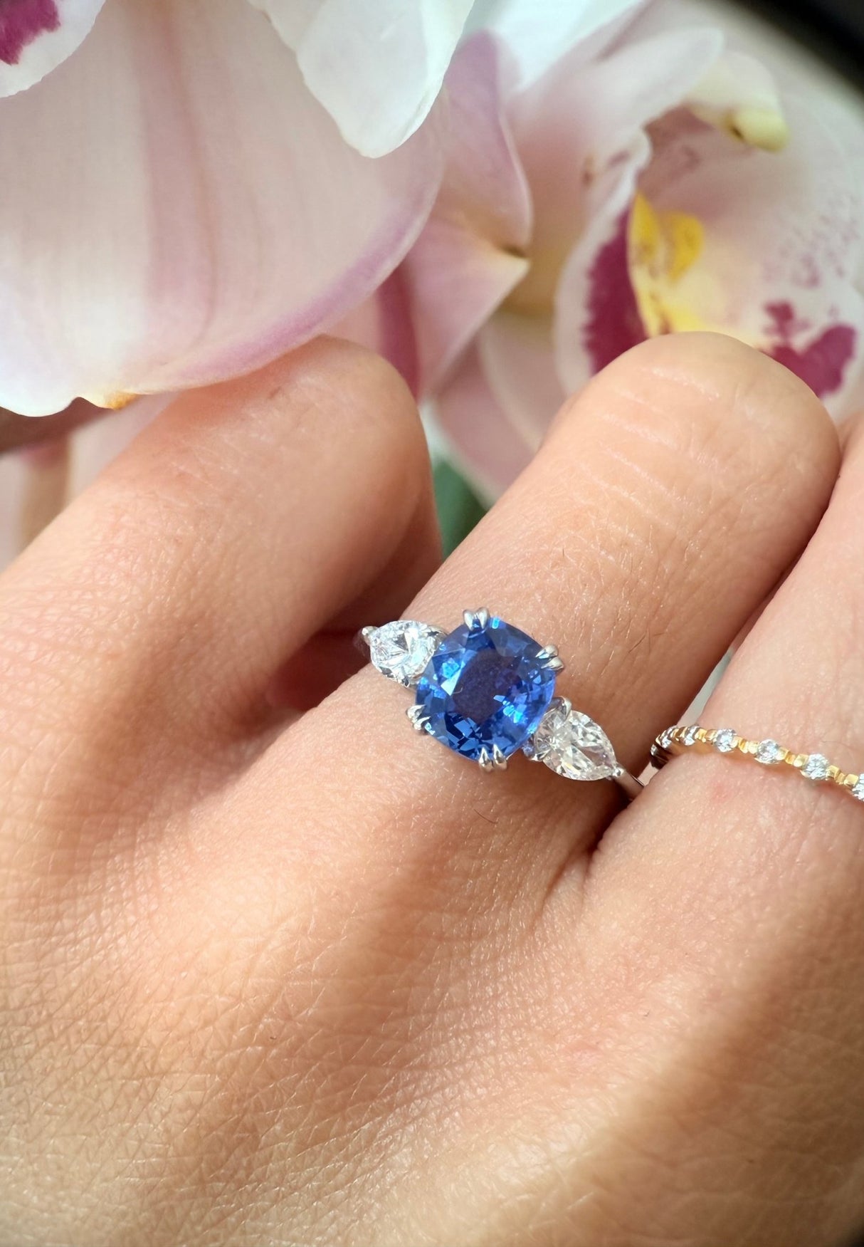 Ceylon Sapphire & Diamond Eternal Ring 18k gold engagement ring on model