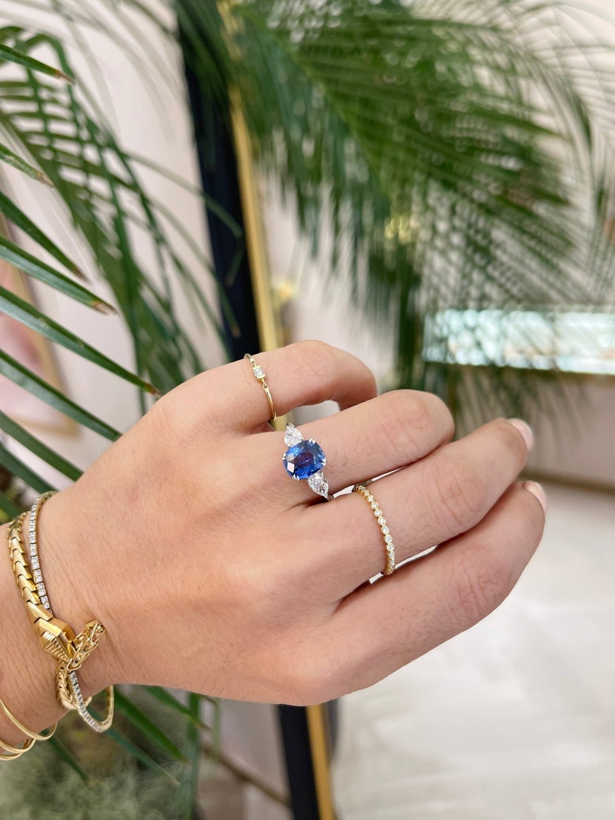 Ceylon Sapphire & Diamond Eternal Ring 18k gold engagement ring on model