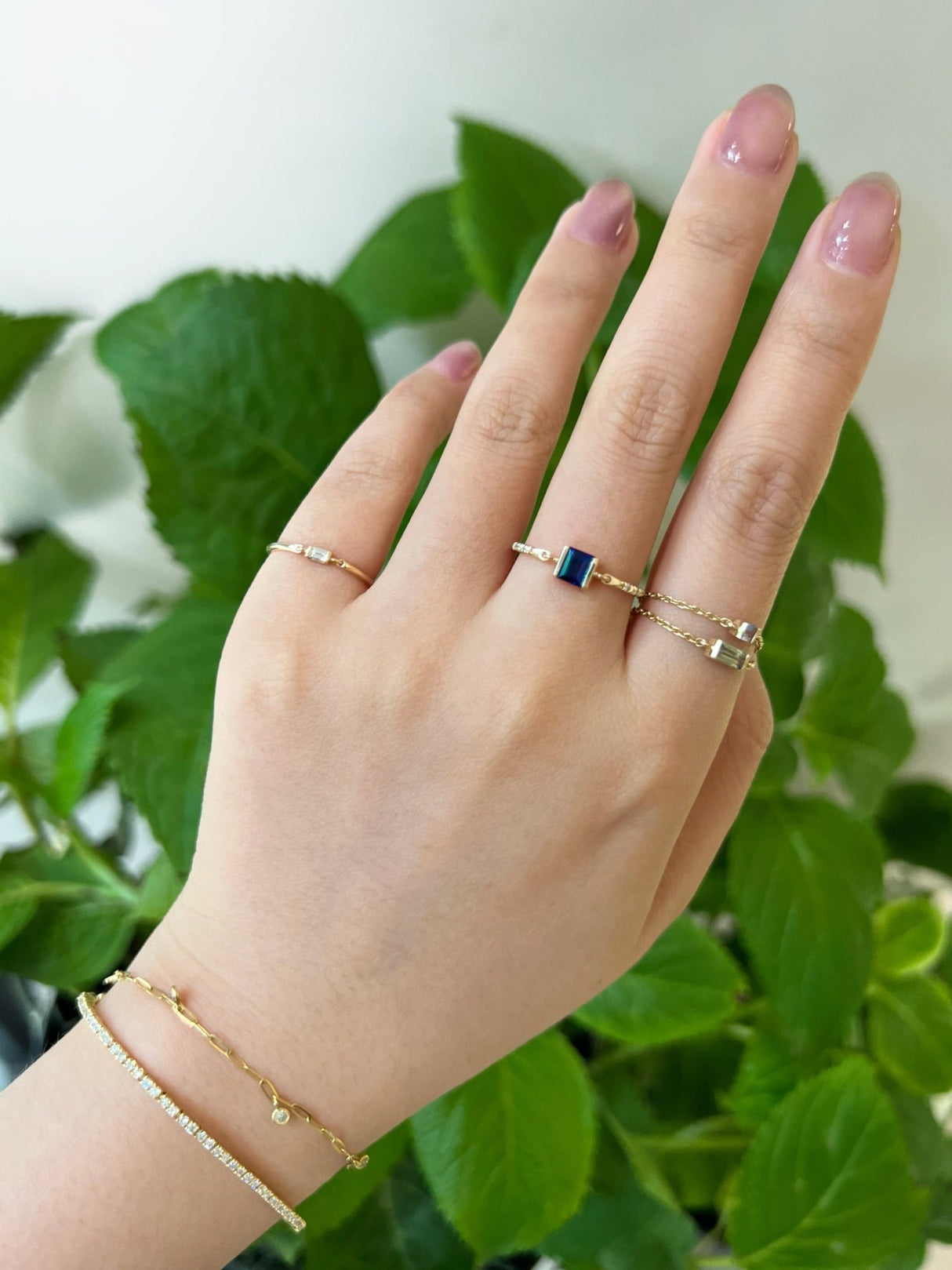 Ceylon Sapphire Petite Circle Diamond Ring 14k gold stackable ring on model