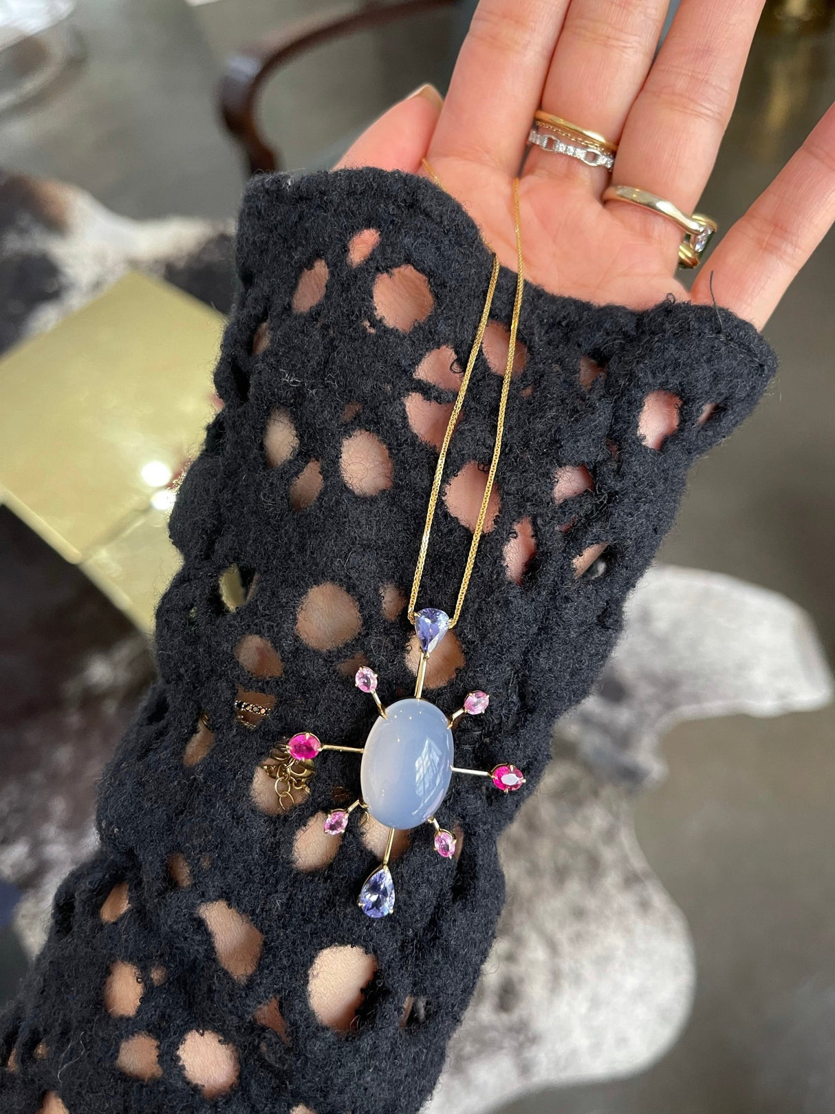 Chalcedony, Tanzanite, Ruby & Pink Sapphire Pendant/Brooch 18k handmade fine jewelry 2