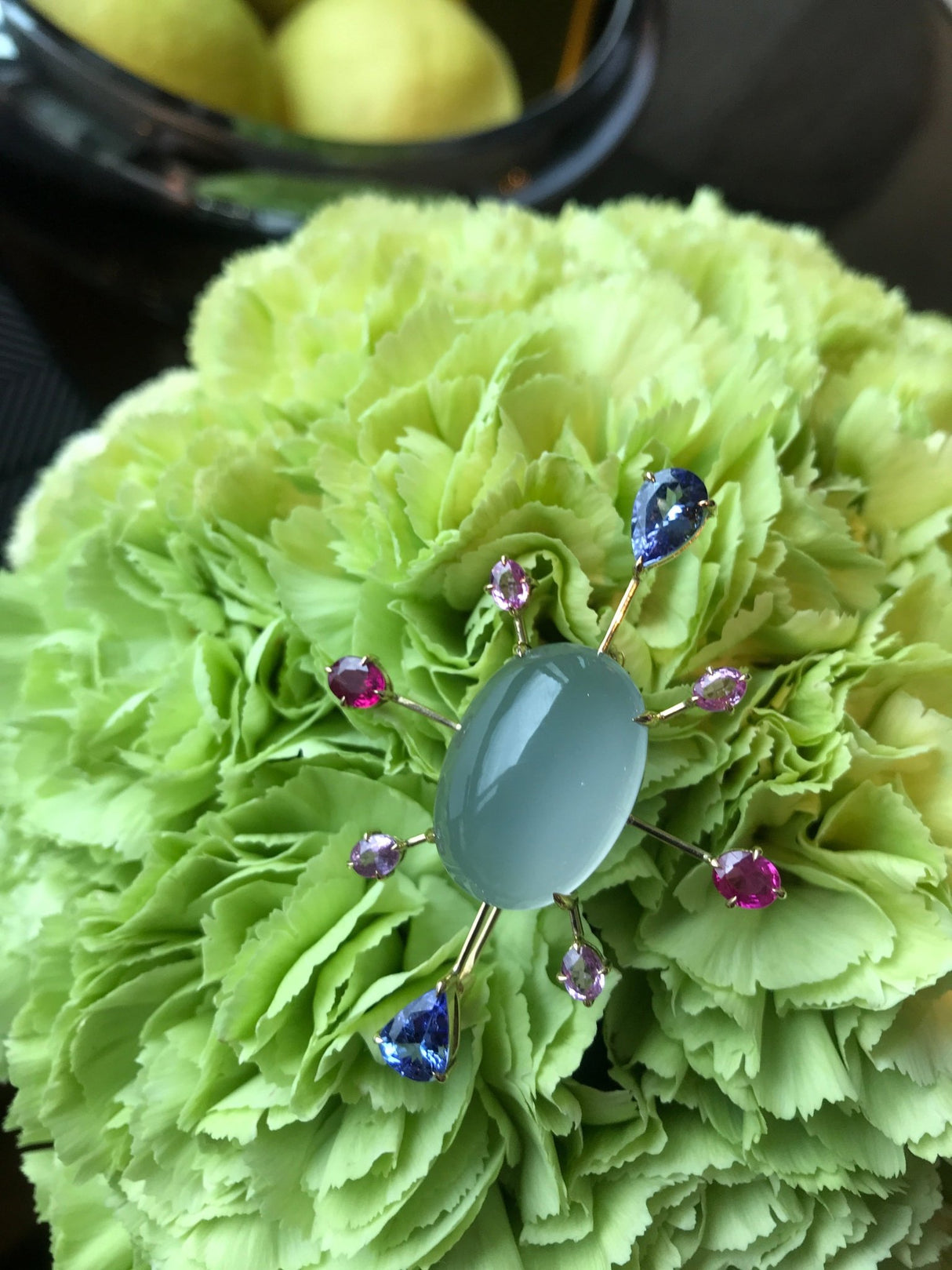 Chalcedony, Tanzanite, Ruby & Pink Sapphire Pendant/Brooch 18k handmade fine jewelry 3