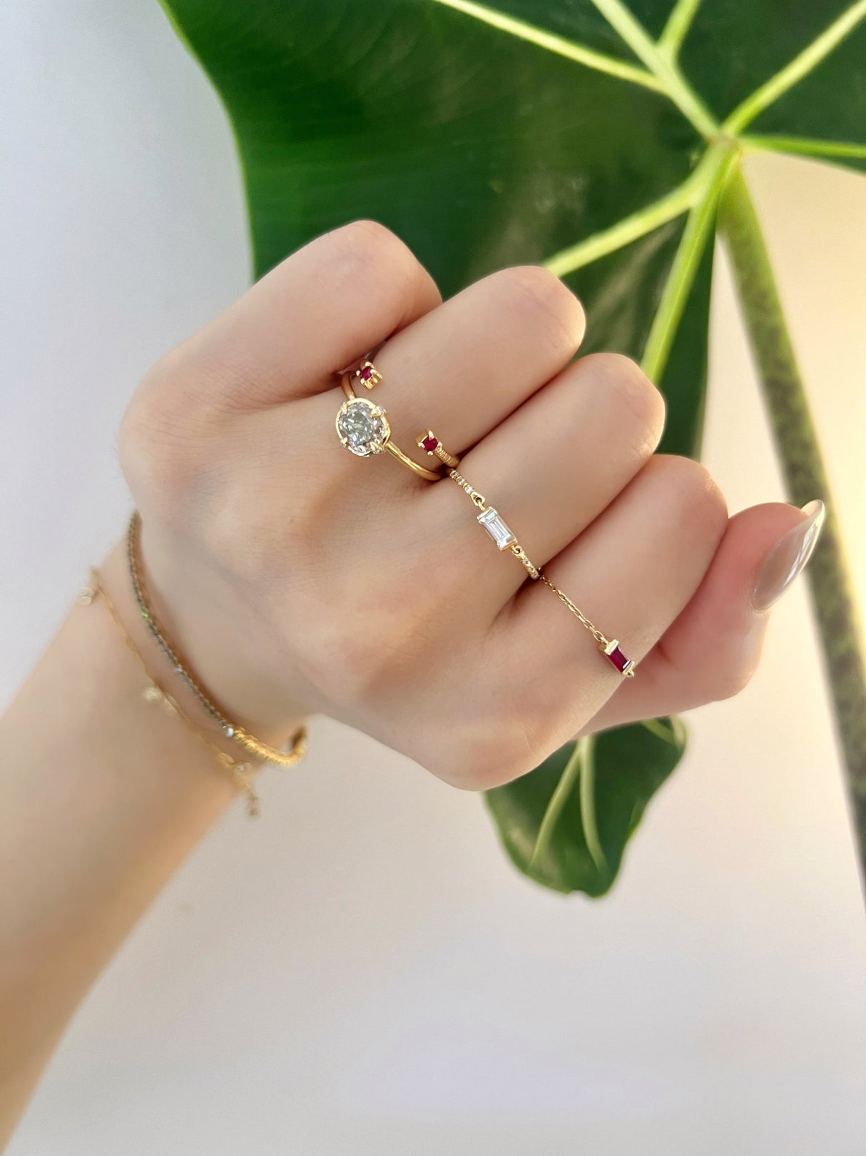 Cushion Champagne Diamond Compass Ring 18k gold engagement ring on model