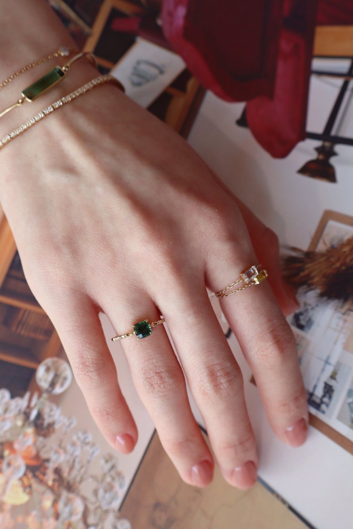 Cushion Green Tourmaline Petite Circle Diamond Ring 18K Stackable ring on model 1