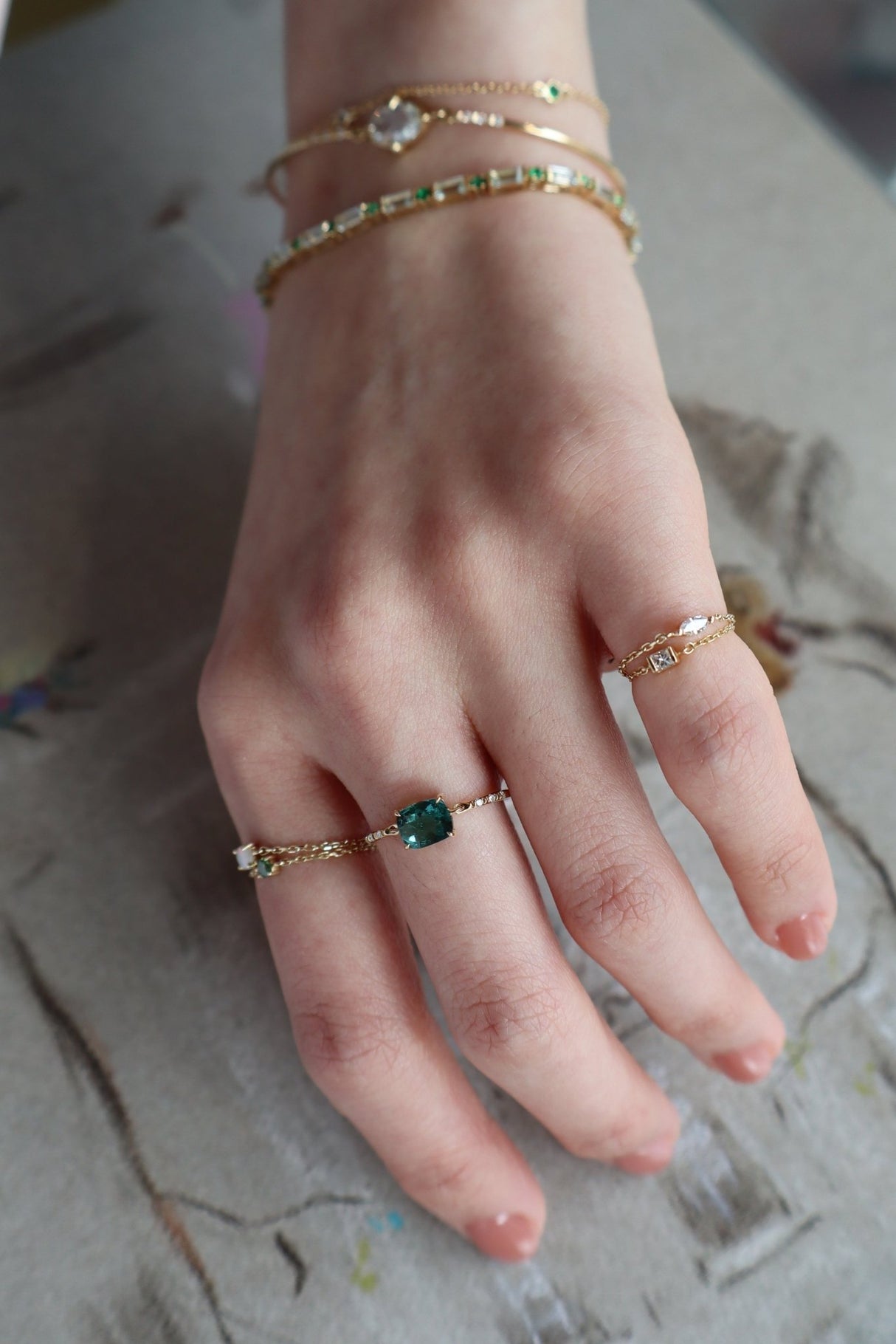 Cushion Indicolite Tourmaline Petite Circle Diamond Ring 18K Stackable ring on model