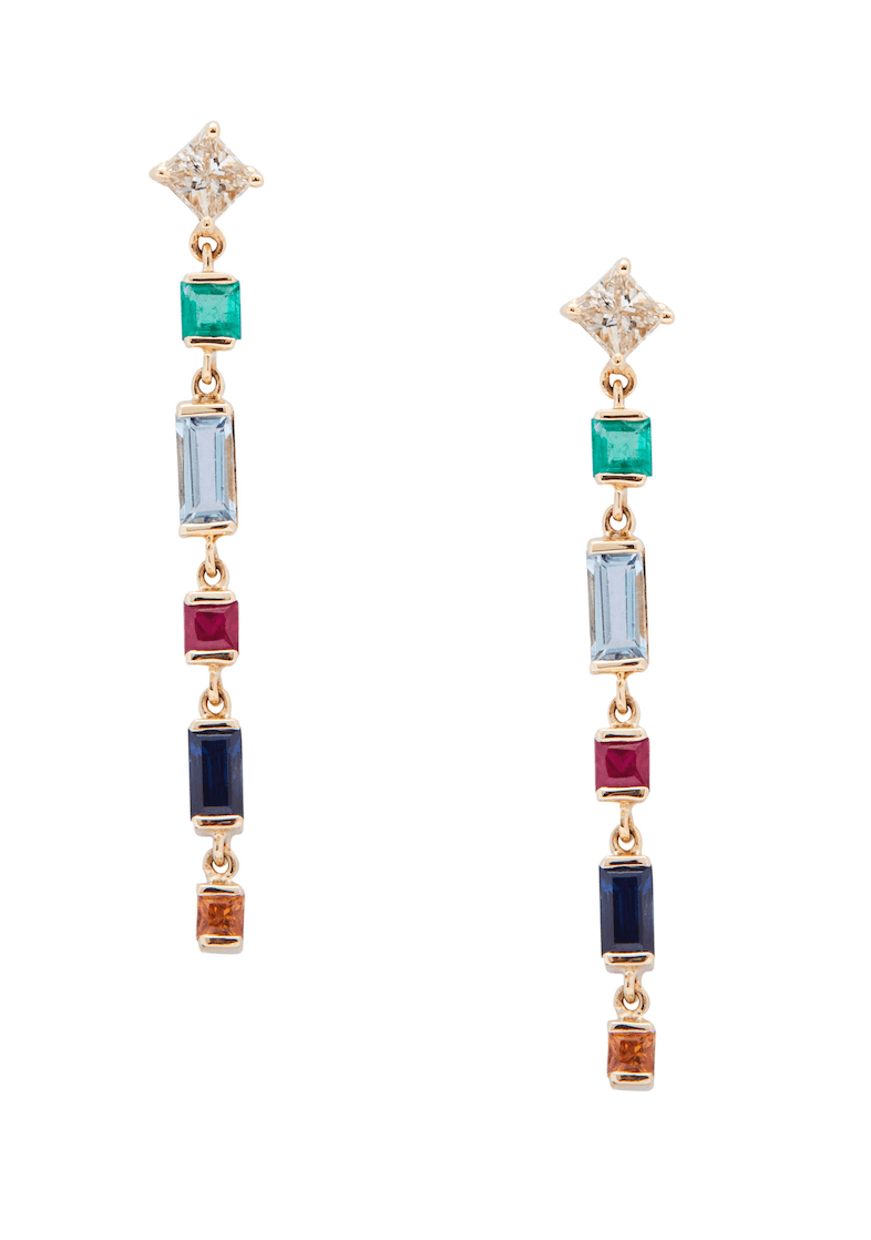 Pair of gemstone earrings with diamonds on a white background